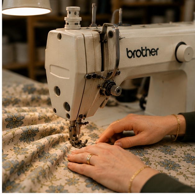 Curtain fabric being sewn in the Soft Options Honiton workshop